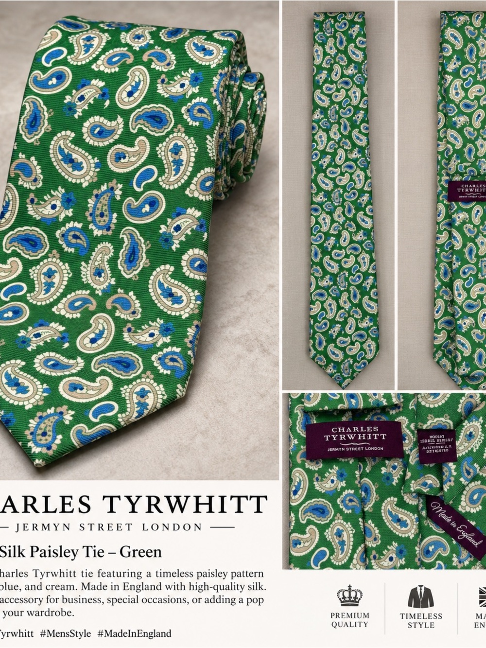Charles Tyrwhitt Men’s Silk Paisley Tie – Green, Blue & Cream